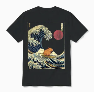 Capybara Japanese Kanagawa Wave Funny Surf Animal T-Shirt, Black Unisex T-Shirt - Black
