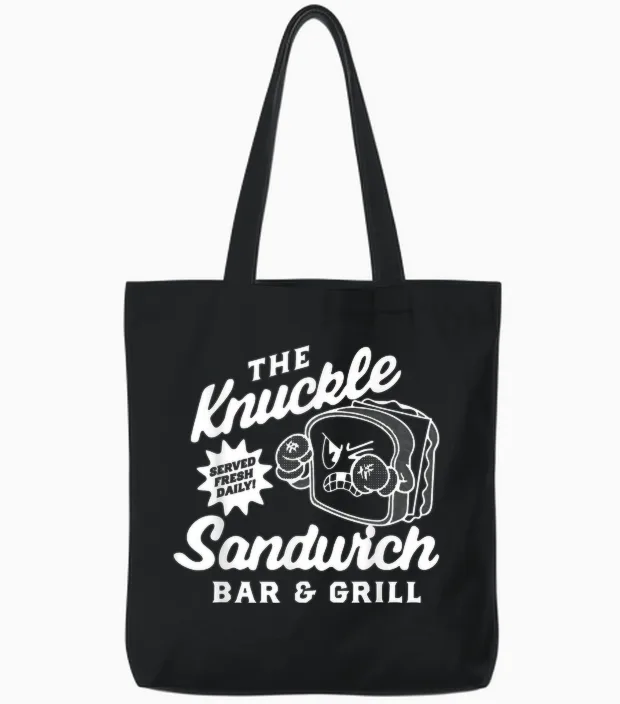 The Knuckle Sandwich Bar & Grill Fighting Joke Bar Humor Tote Bags in Black
