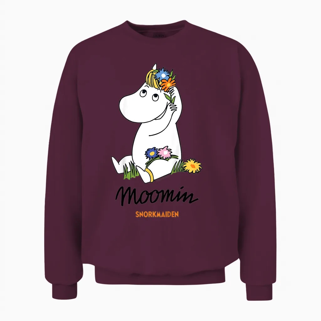 Children's T-Shirt with Moomin Snorkmaiden Flowers in Hair, White Unisex Sweatshirt in Maroon