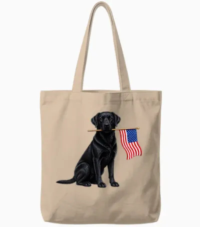 Black Labrador Retriever Holding American Usa Flag 4 of July Tote Bags - Natural