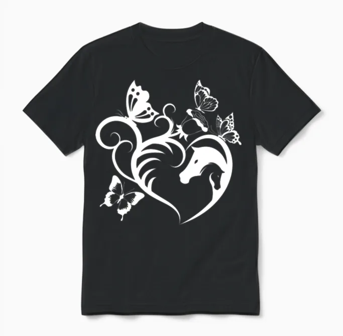 Animal Motif Horses Horse Portrait Heart Gift Unisex T-Shirt in Black