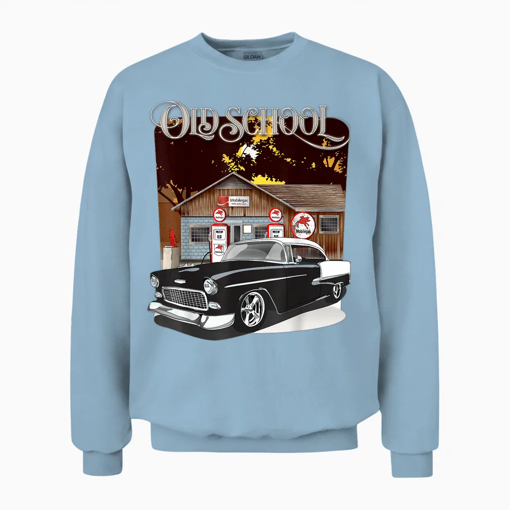 1955 55 Chevys Bel Air Classic Vintage Muscle Car Old School Unisex Sweatshirt in Light Blue