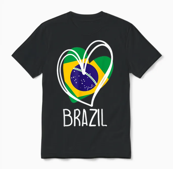 Brazilian Patriotic Flag Cute Heart Map Brazilian Girls Unisex T-Shirt in Black