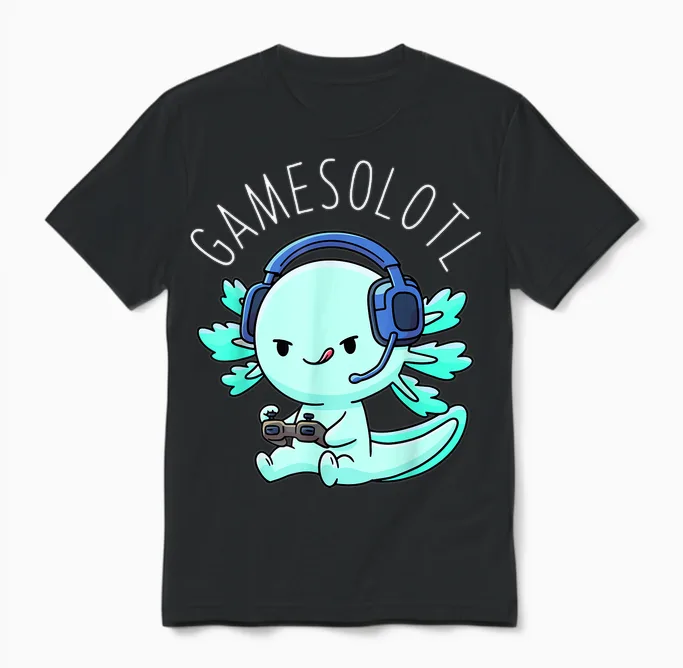 Otaku Lifestyle Threads Shirt Co. Gamesolotl Axolotl Gamer Anime Gifts Kawaii Boys Girls T-Shirt, Black Unisex T-Shirt in Black