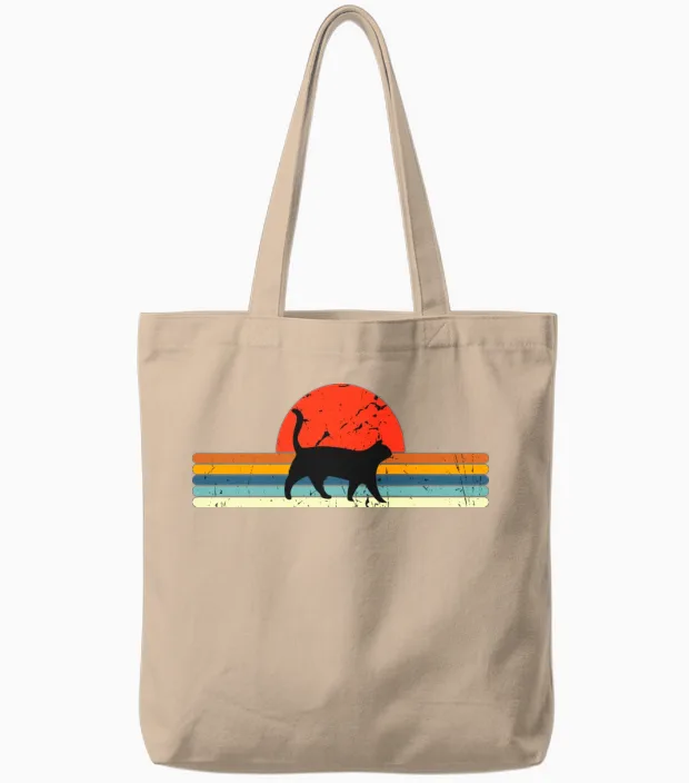Cat Vintage Retro Sunset Lovers Gift Tote Bags in Natural