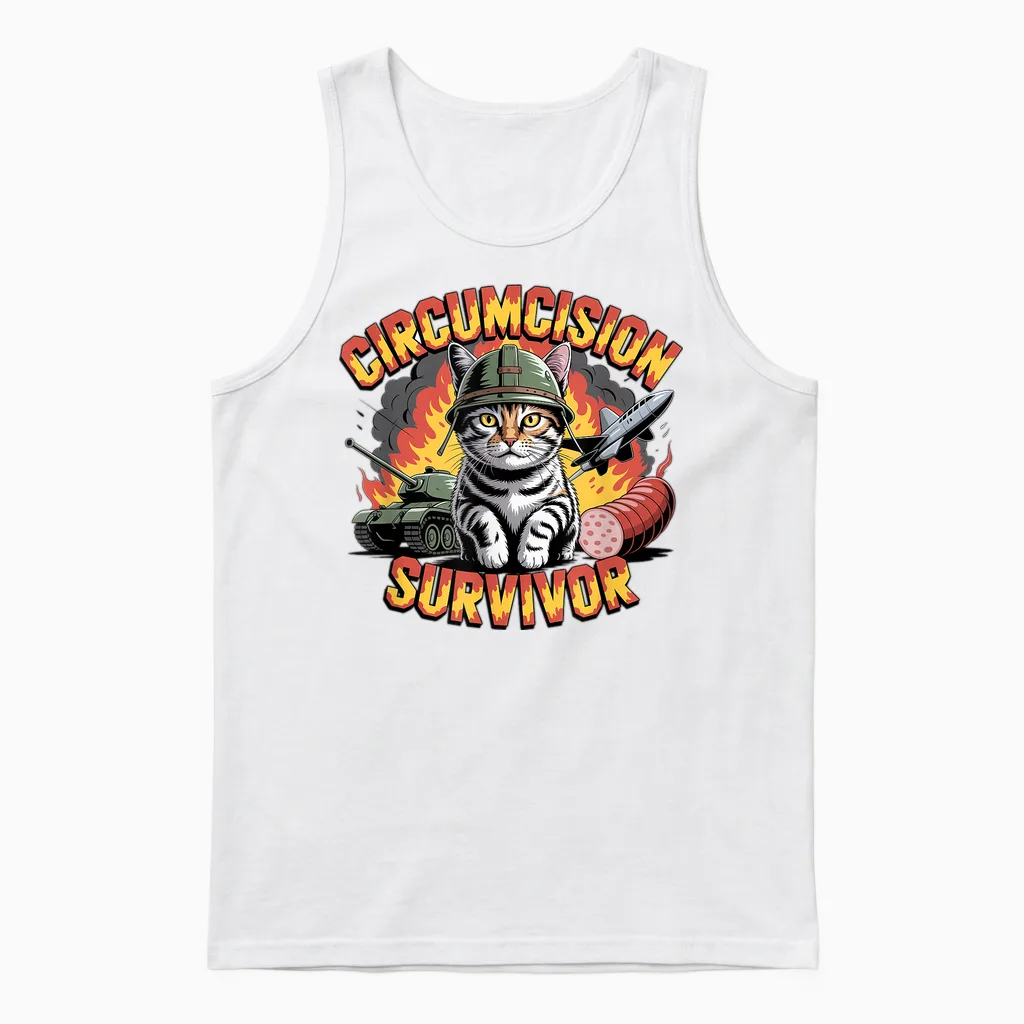 Survivor of Circumcision Funny Strange Cat Meme Unisex Tank Top in White