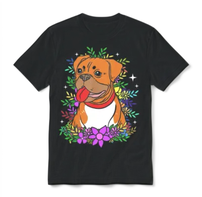 Cute Dog Pet Owner Dog Print Flower Boxer Dog Unisex T-Shirt - Black
