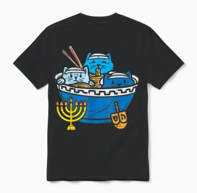 Jewish Cats Ramen Kitten Anime Hanukkah Pajamas Chanukah Pjs Unisex T-Shirt - Black
