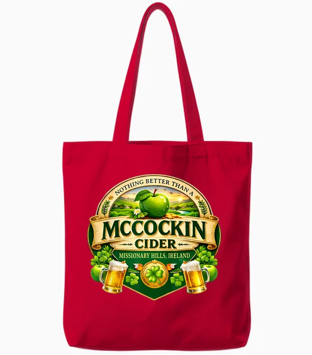 Mccockin Cider Mccain Funny St Patrick’s Day Adult Humor Tote Bags in Red