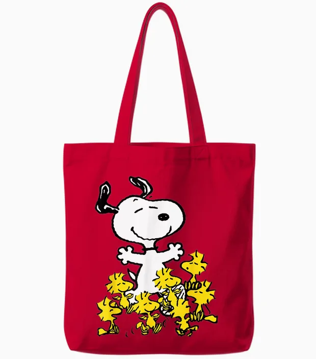 Peanuts Snoopy Chick Party Crew Neck T-Shirt - Classic Fit, Adult, Black Tote Bags in Red