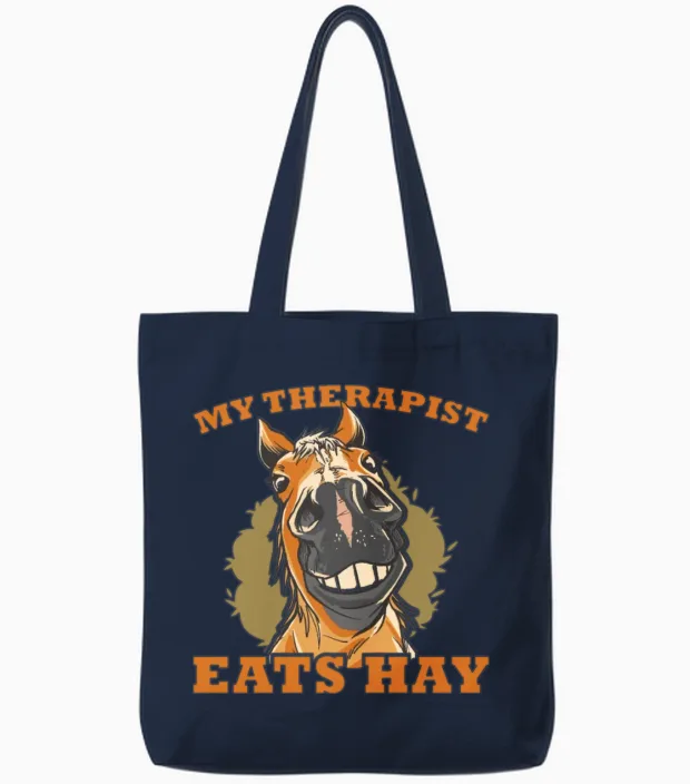 Horse Lover Horse Girl My Therapist Eats Hay Tote Bags in Navy
