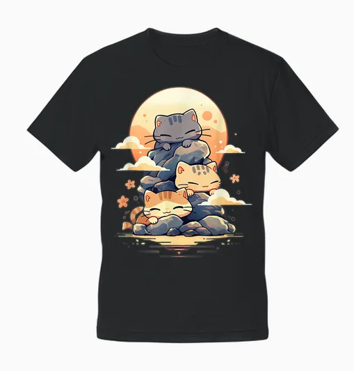 Japanese Cats Sleeping Cat Cute Kitten Anime Kawaii T-Shirt, Black