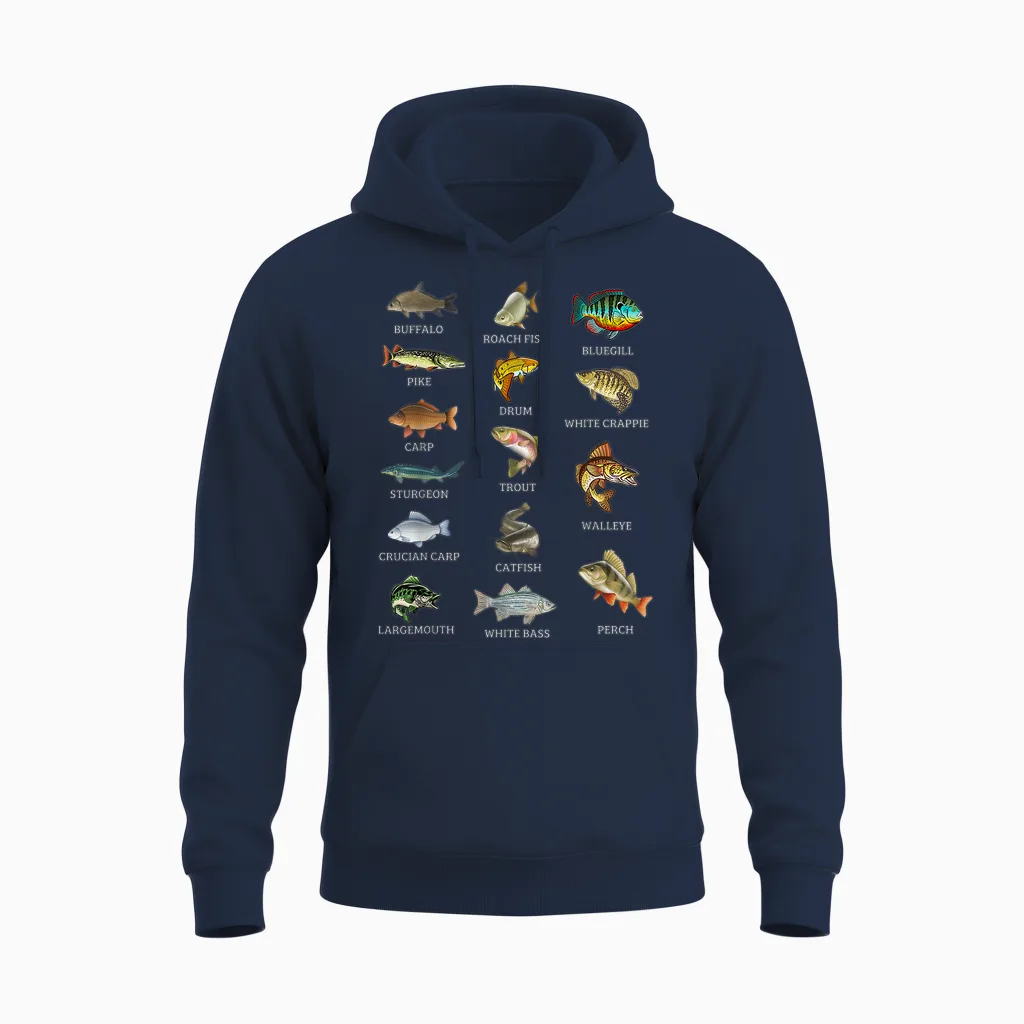 Types of Freshwater Fish Species Fishing Fisherman Anglers Unisex Hoodie in Navy