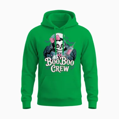 Gothic Nurse Skeleton with Booboo Crew Text Unisex Hoodie - Irish Green