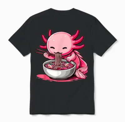 Funny Axolotl Noodle Gifts Anime Kawaii Axolotl Eating Ramen Noodles Unisex Kids Teen Adult T-Shirt Black Small Unisex T-Shirt - Black
