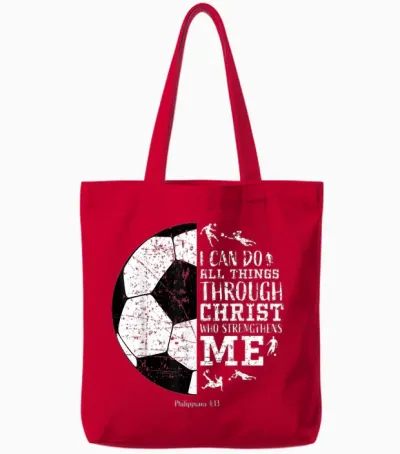 Christian Soccer Faith Graphic Bible Verse Philippians 4:13 Tote Bags - Red