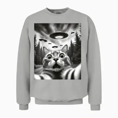 Alien Ufo Cat Selfie Funny Cat with Ufo T-Shirt, Black Unisex Sweatshirt - Ash