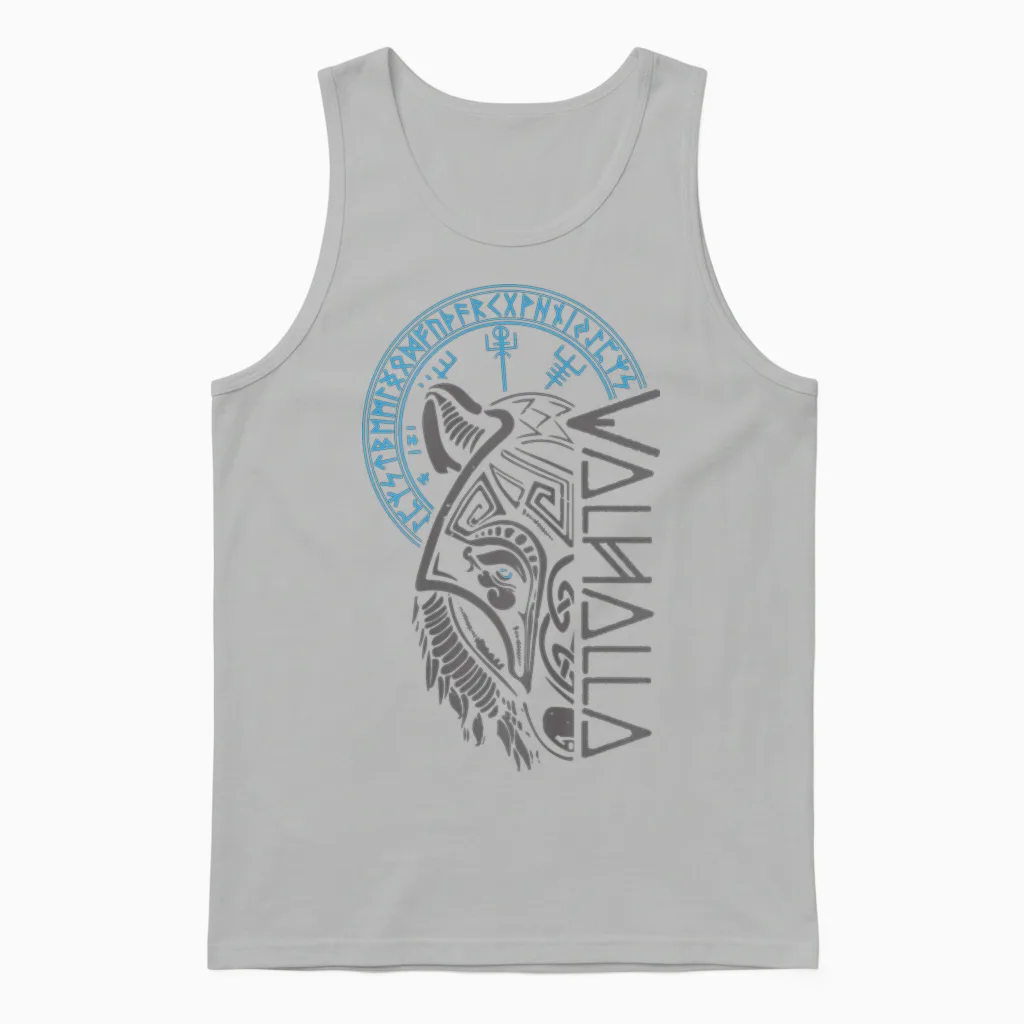 Walhalla Wolf Mask Odin Runes Nordic Compass Viking T-Shirt, Black Unisex Tank Top in Ash