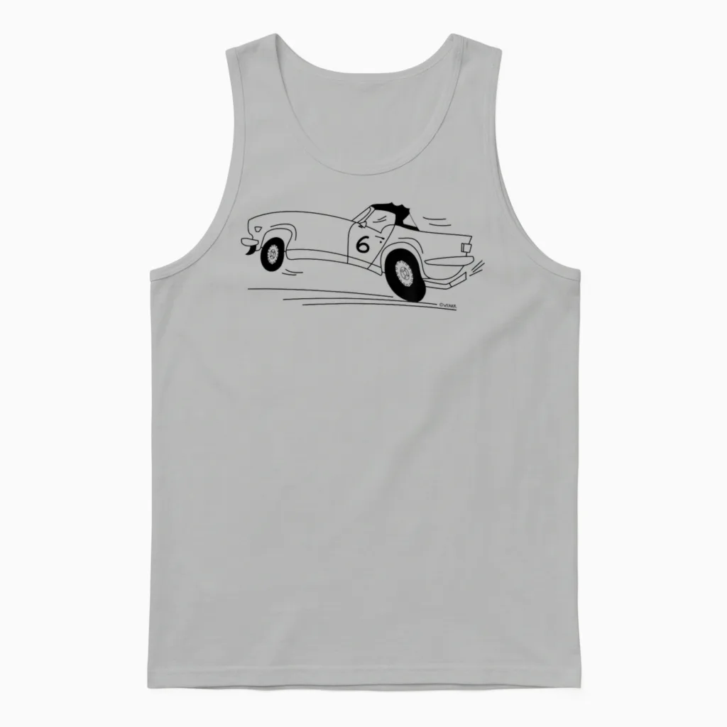 Cartoon Drawing Triumph Tr6 British Car T-Shirt, Blue, S Unisex Tank Top in Ash