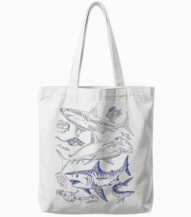 Shark Species Vintage Illustration - Hammerhead Shark Tiger Shark T-Shirt, White Tote Bags in White