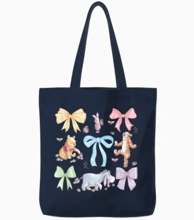 Disney Winnie the Pooh Cute Group Shot Sketch Chest Logo Tote Bags - Navy