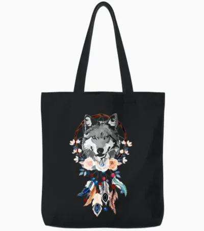 Beautiful Dreamcatcher Women Girls Wolf Feathers Tote Bags - Black