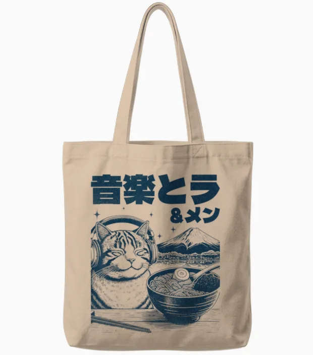 Music & Ramen Cat Neko Japan Ramen Noodle Cat T-Shirt, Gray, S Tote Bags in Natural