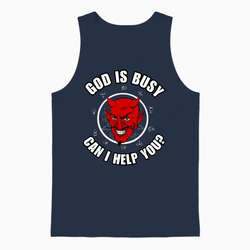 God Is Busy Can I Help - Devil Dark Humour Fun Occult Horror Unisex Tank Top - Navy
