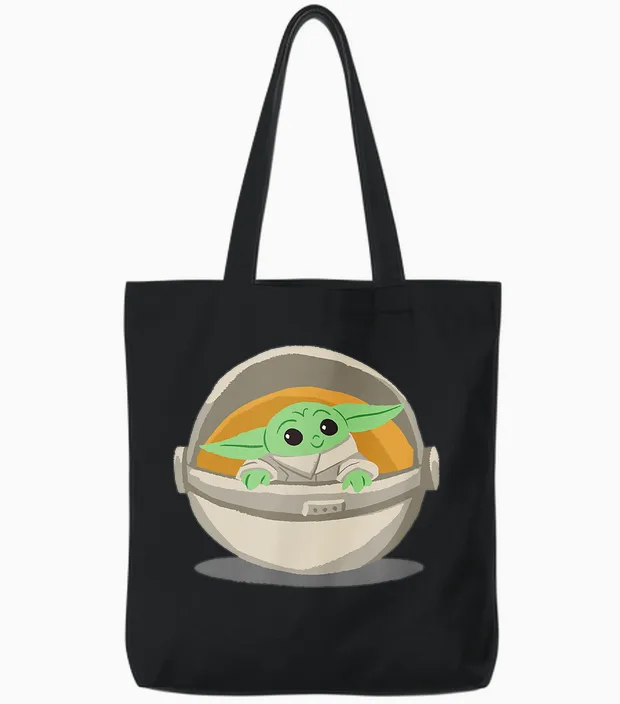 Amazon Essentials Men's Mandalorian the Child Grogu Pram T-Shirt, Dark Blue, Small Tote Bags in Black