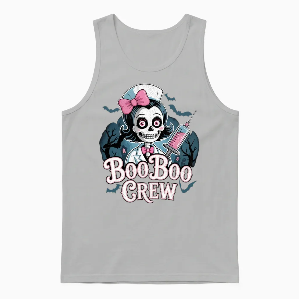 Gothic Nurse Skeleton with Booboo Crew Text Unisex Tank Top in Ash