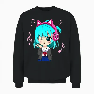 Anime and Music Girl for Teen Chibi Graphic Anime Girl T-Shirt Small Unisex Sweatshirt - Black