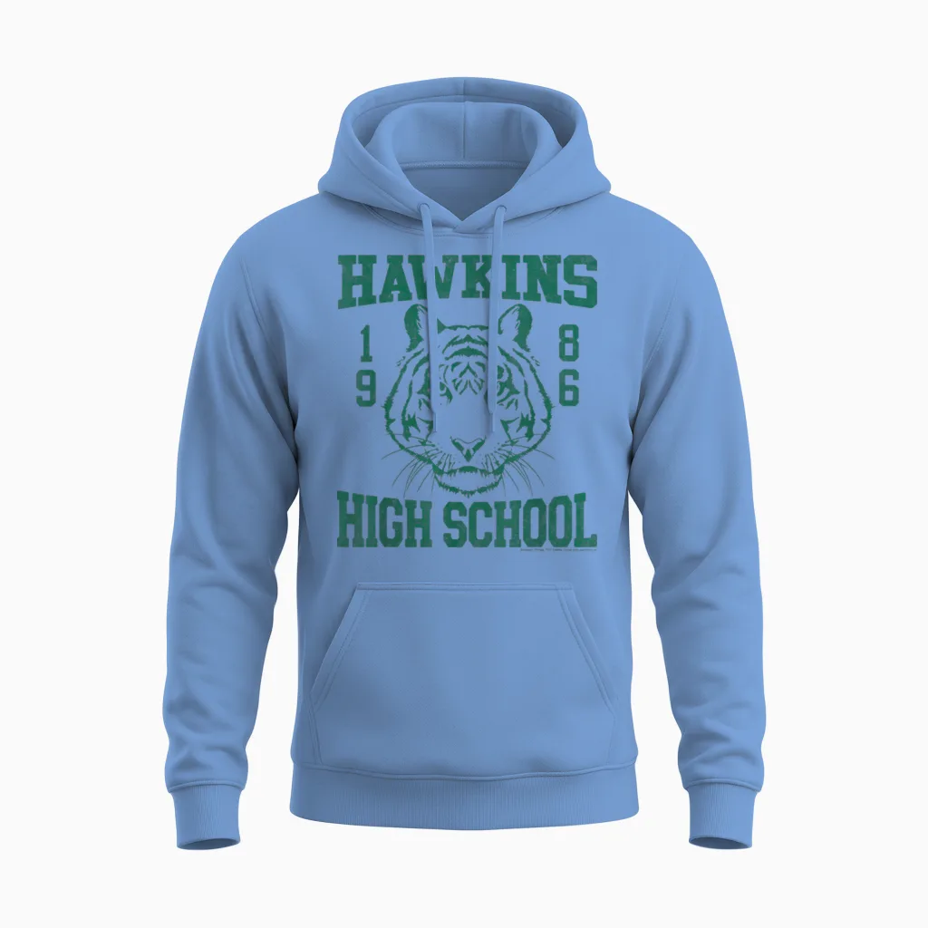Tigers Hawkins Stranger Things 1986 High School Unisex Hoodie in Carolina Blue