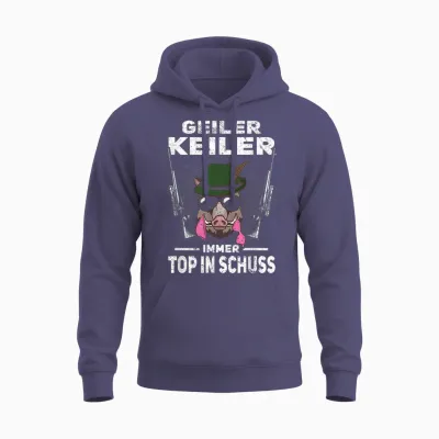 T-Shirt with Text "geiler Keiler Immer Top in Schuss Hunter Wild Boar Hunting", Green, S Unisex Hoodie - Heather Sport Dark Navy