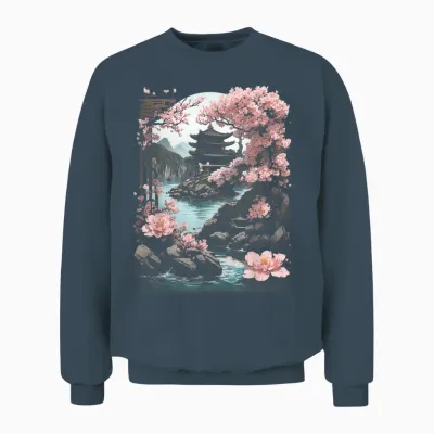 Japanese Chinese Temple Sakura Cherry Blossom Landscape T-Shirt, Black Unisex Sweatshirt - Dark Heather