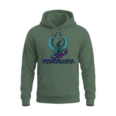 Terrordactyl Scary Pterodactyl Skateboarding Horro Unisex Hoodie - Military Green