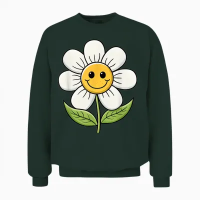A Funny Flower with Face and Leaves Cheerful Flowers T-Shirt, Black, S Unisex Sweatshirt - Forest