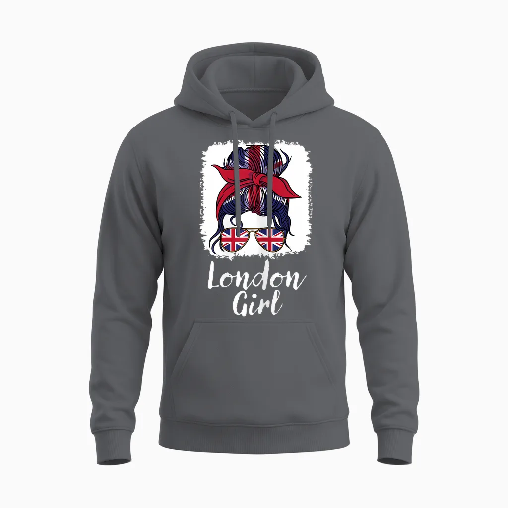 London Girl, London Girls, British Flag Uk Lass T-Shirt, Black Unisex Hoodie in Charcoal