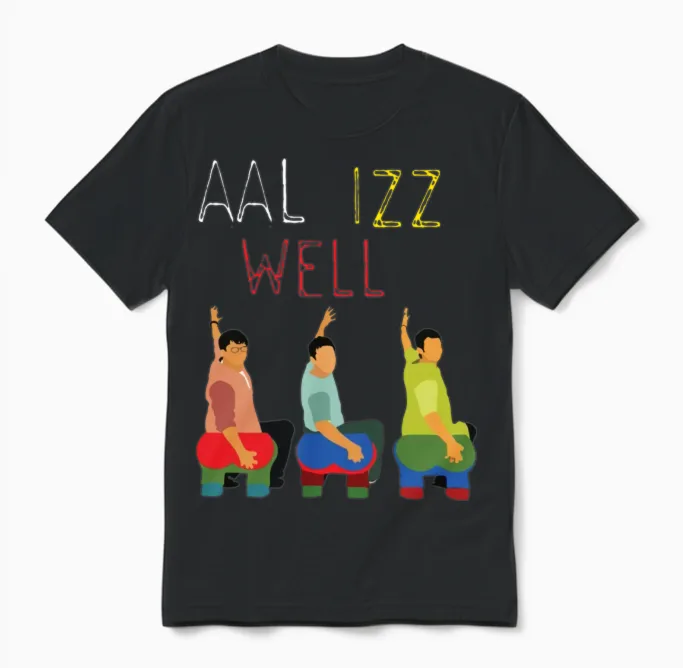 Aal Izz Well Three Idiots Hindi Unisex T-Shirt in Black