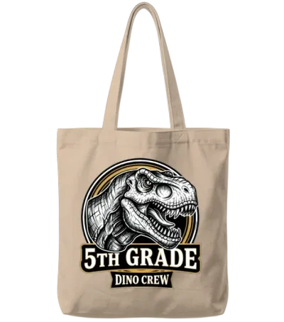 5th Grade Dino Crew T-Rex Back to School Tote Bags - Natural