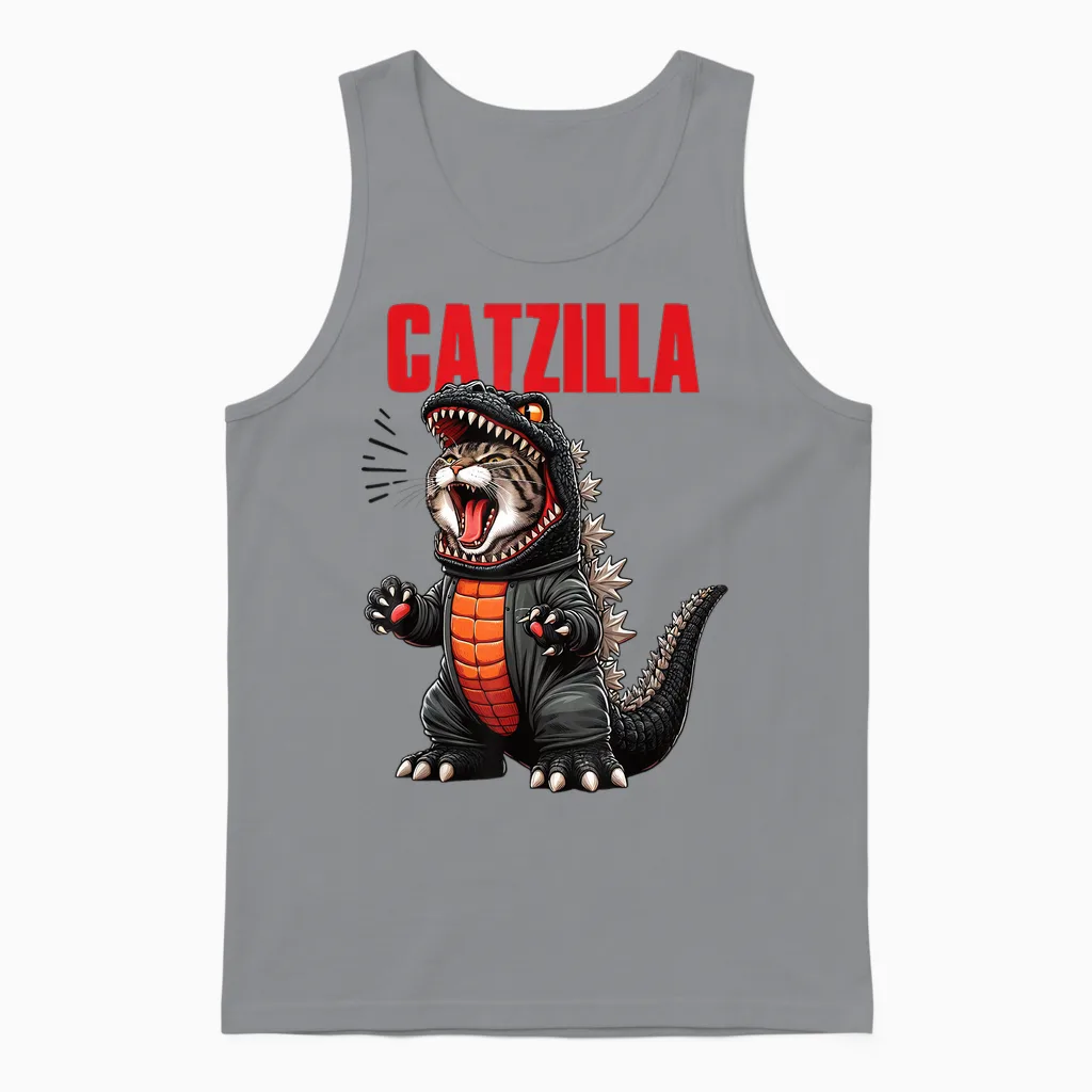 Cute Kitty Catzilla T-Shirt for Cat Moms & Dads Unisex Tank Top in Sport Grey
