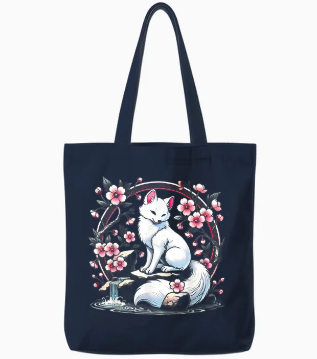 Japanese Kitsune Yokai White Fox Ghost Ukiyo-E Vintage Tote Bags in Navy