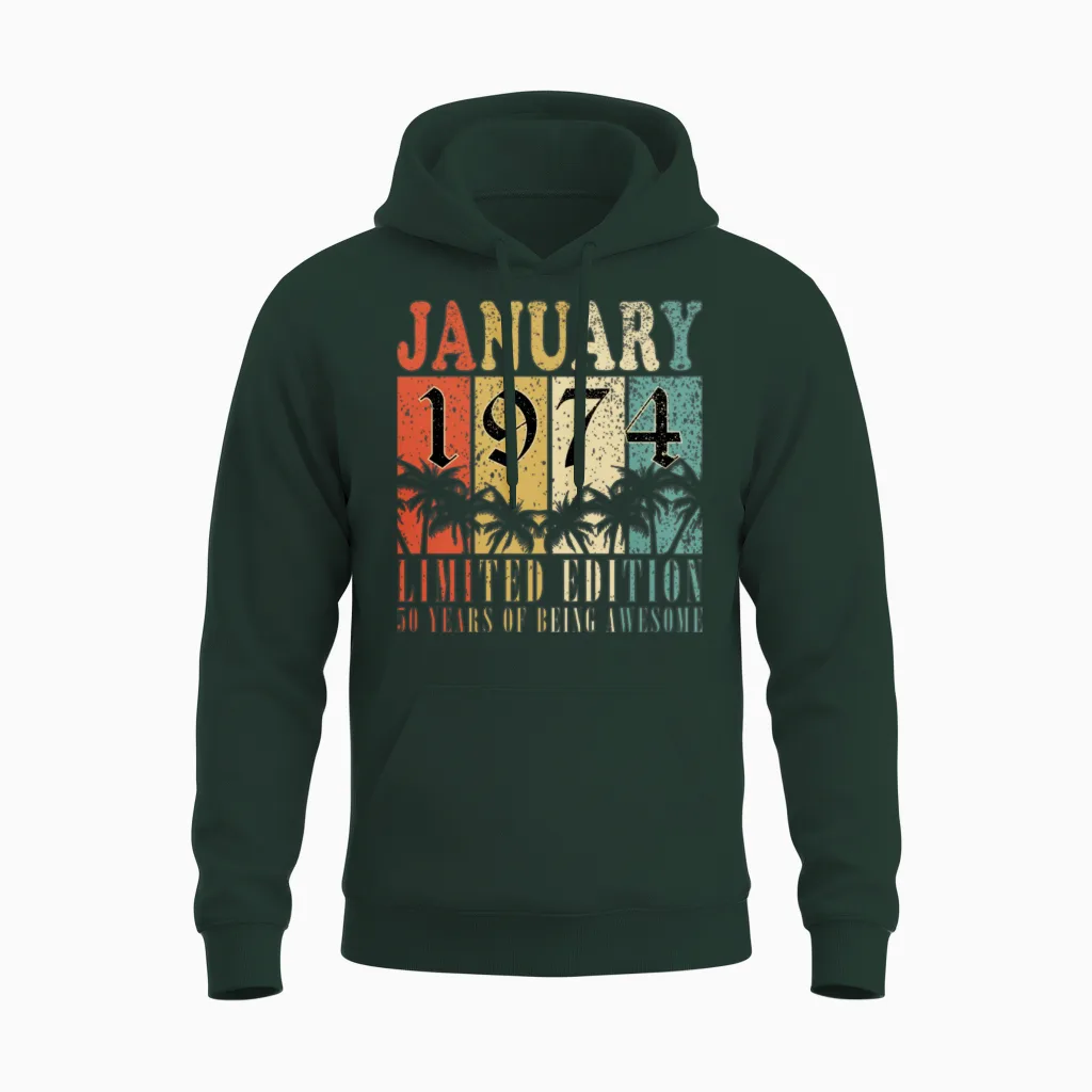 January 1974 Vintage Birthday Present Unisex Hoodie in Forest