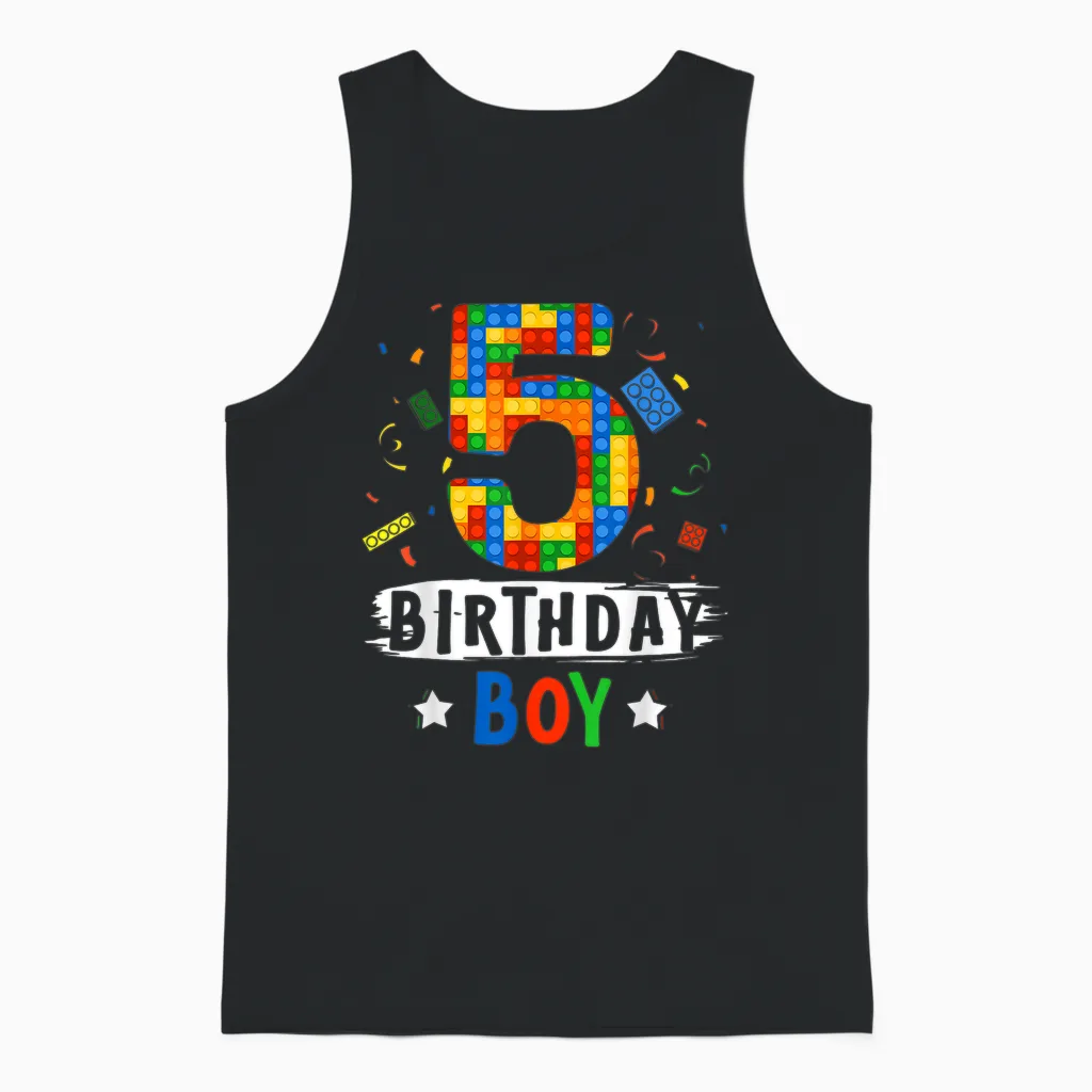 Birthday Boy Building Blocks 5 Years Old T-Shirt, Black Unisex Tank Top in Black