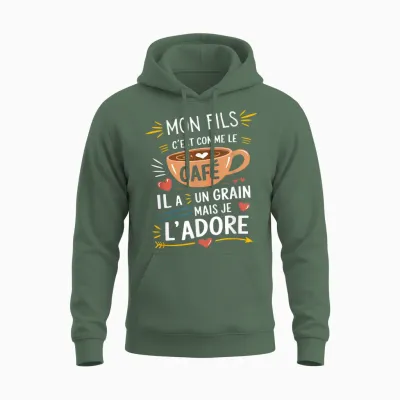 Mon Fils Comme Le Café – Gift Humour Coffee T-Shirt, Black, S Unisex Hoodie - Military Green