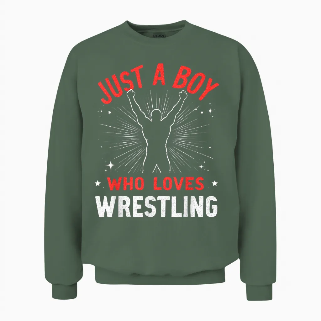 Just a Boy Who Loves Wrestling, Boys & Kids, Wrestler Boy Unisex Sweatshirt in Military Green