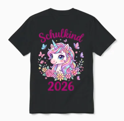 Schulkind 2026 Einhorn Einschulung Mädchen 1. Klasse Unisex T-Shirt - Black