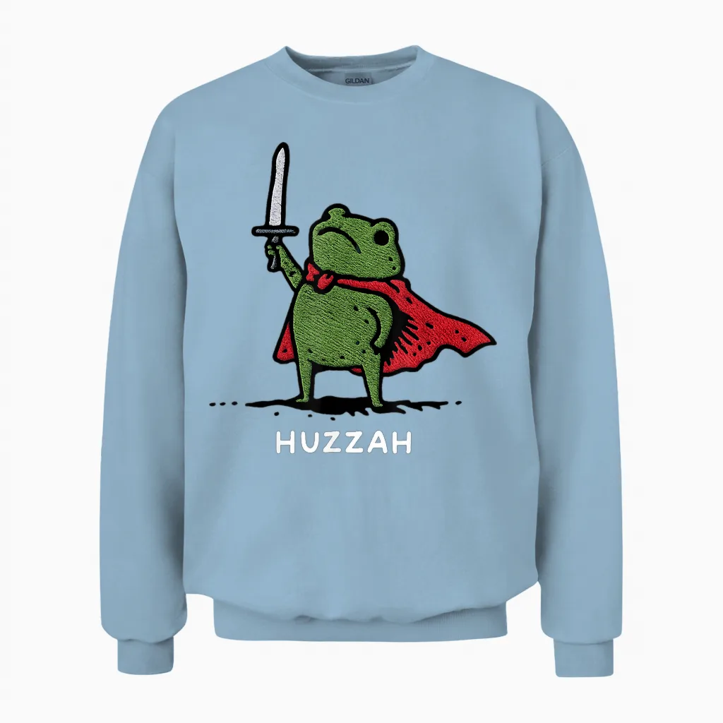 Huzzah Frog Knight Funny Sword Meme Quote Unisex Sweatshirt in Light Blue