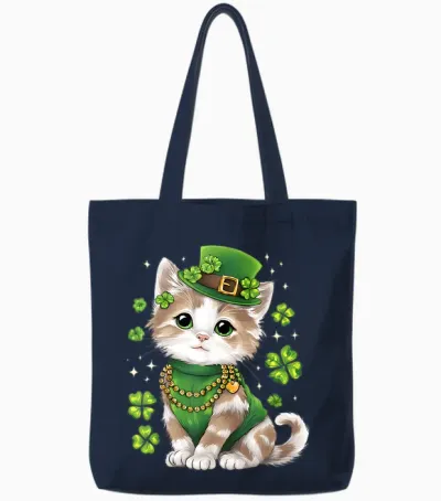 St Patricks Day Cat Leprechaun Hat Shamrock Saint Pattys Day Tote Bags - Navy
