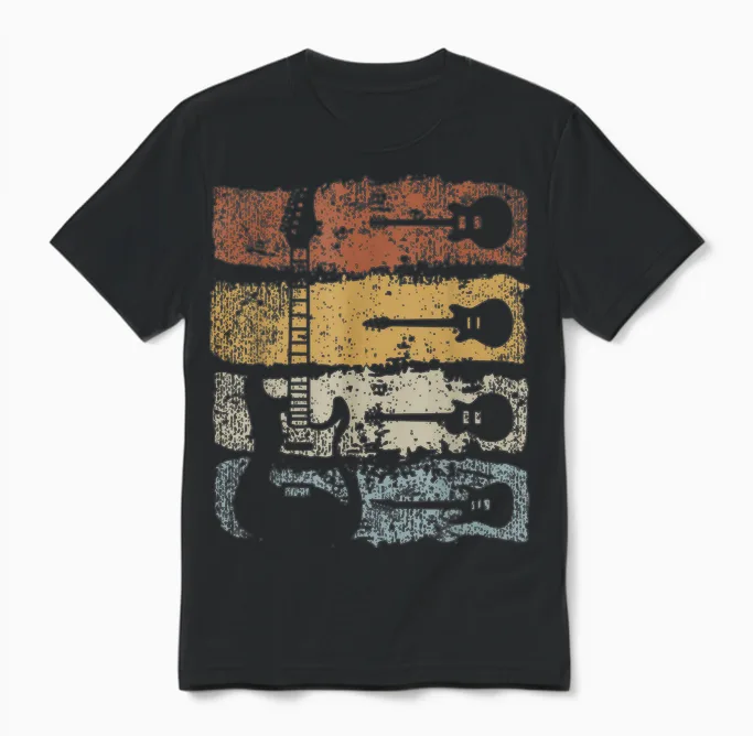 Guitar Player Rock Music Retro Guitar T-Shirt, Black Unisex T-Shirt in Black
