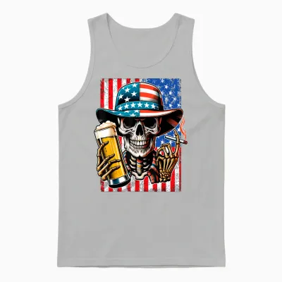 4th of July Shirt for Women Men American Flag Skull Skeleton Unisex Tank Top - Ash